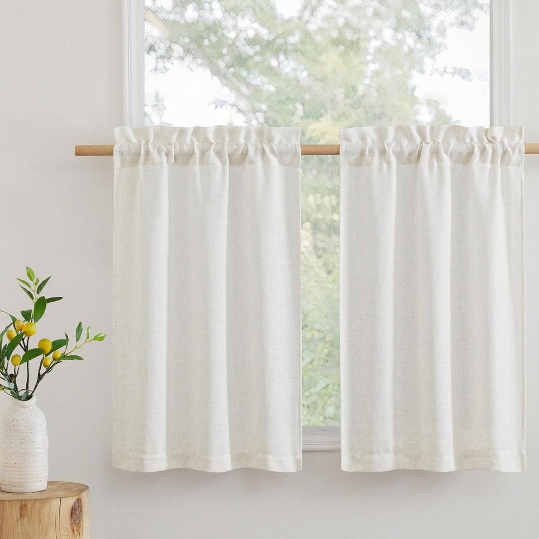 RYB HOME Cafe Curtains 24 inches Length, Linen Sheer Short Curtains for Small Window, Half Privacy Light Filetring Window Tier Valance for Kitchen Bathroom, W 26 x L 24, Linen, 2 Panels Set