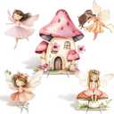 Fairy First Birthday Decoration 5PCS Floral Fairy Princess Cardboard Cutout Pink Stand Up Prop Mushroom Door Backdrop Yard Stake for Enchanted Woodland Fairytale Party Decor