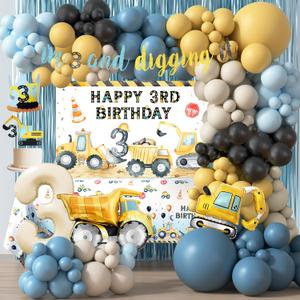 Construction Birthday Party Supplies for 3 Year Old Boy, 3rd Birthday Decorations For Boys, Dump Truck 3rd Bday Backdrop, Cake Toppers, Balloon Garland, Tablecloth, Banner