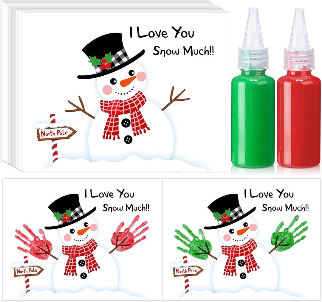 Fullhawl 24 Pcs Snowman Handprint Greeting Card Art Crafts Kit Washable Ink DIY Christmas Handprint Card Souvenir Art Set for Winter Party Handmade Gift