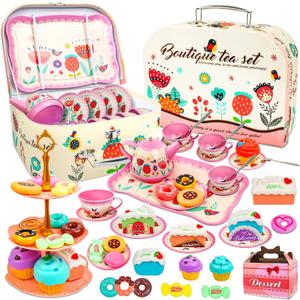 SMILESSKIDDO 46pcs Tea Party Set for Little Girls - Princess Tea Party Set,Kids Kitchen Pretend Play Toys - Toddler Tea Party Sets for Girls 3-5, Girls Tea Party Set Gift for 3 4 5 6 7 8 Girl(Garden)