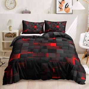 Geometric Red Black Duvet Cover Queen Size, Light Honeycomb 3PCS Bedding Set for Kids and Adults, Modern Cover Set Geometry Decor, Microfiber Lightweight 1 Duvet Cover and 2 Pillowcases