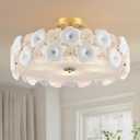 20" Gold Modern Semi Flush Mount Ceiling Light Fixture with Glass & Ceramic Flowers, 5-Light Glass Drum Chandelier for Living Room Dining Room Kitchen Bedroom Bathroom Entryway Hallway Closet Laundry
