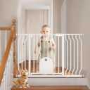 Baby Gate with Cat Door for Stairs - Baby Gate with Pet Door Auto Close 29.5"-48.5" Safety Metal Dog Gate for Door Ways/Stairs/House/Walk Through with Includes 2 Extension Pieces and 4 Wall Cups (White)
