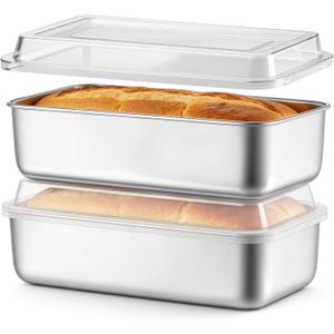 TeamFar Loaf Pans for Baking Bread, 9 x 5 Inch Stainless Steel Bread Loaf Pan with Lid, Meatloaf Pan Tin for Homemade Bread, Brownies, Meal Prep, Storage, Healthy & Dishwasher Safe - Set of 2, 9 x 5 x 2.5 inch