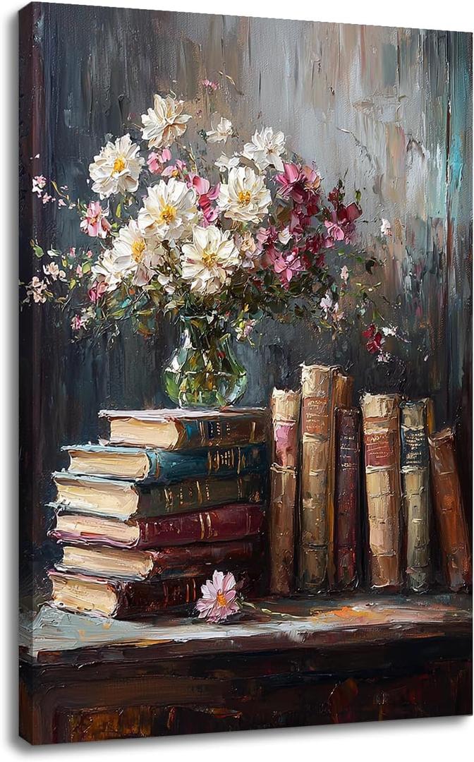 YSPCSUN Still Life Floral Canvas Wall Art Vintage Stacked Books Picture Rustic Farmhouse Decor For Living Room Large Impasto Style Flower Painting Print Gallery Wrapped Framed 36x24 Inch (Black)