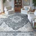 RELEANY Area Rugs 9'x12' Washable Non-Slip, Floral Vintage Distress Print Pattern Medallion Carpet for Living Room Bedroom Dining Room, Light Gray Grey White