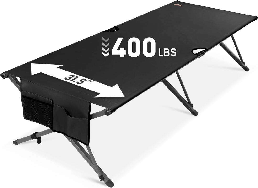 Heavy Duty Camping Cot for Adults, 31.5'' Wide Folding Cot, Support 400LBS | Fits Adults Up to 6.9 ft, Military Folding Cot with Carry Bag, Portable Cot for Camping, Guests & Emergency Use, Black