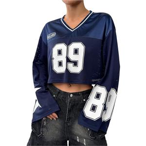 Milumia Women's Y2k Long Sleeve Crop Tops Football Jersey V Neck Graphic Tee XSmall