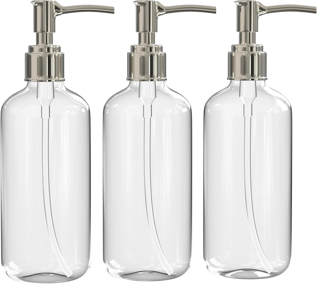 Refillable Clear Soap Dispenser Bottles with Pump, 16 oz (3 Pack) | BPA-Free Plastic Boston Round Containers for Hand Soap, Lotion, Shampoo, Kitchen & Bath