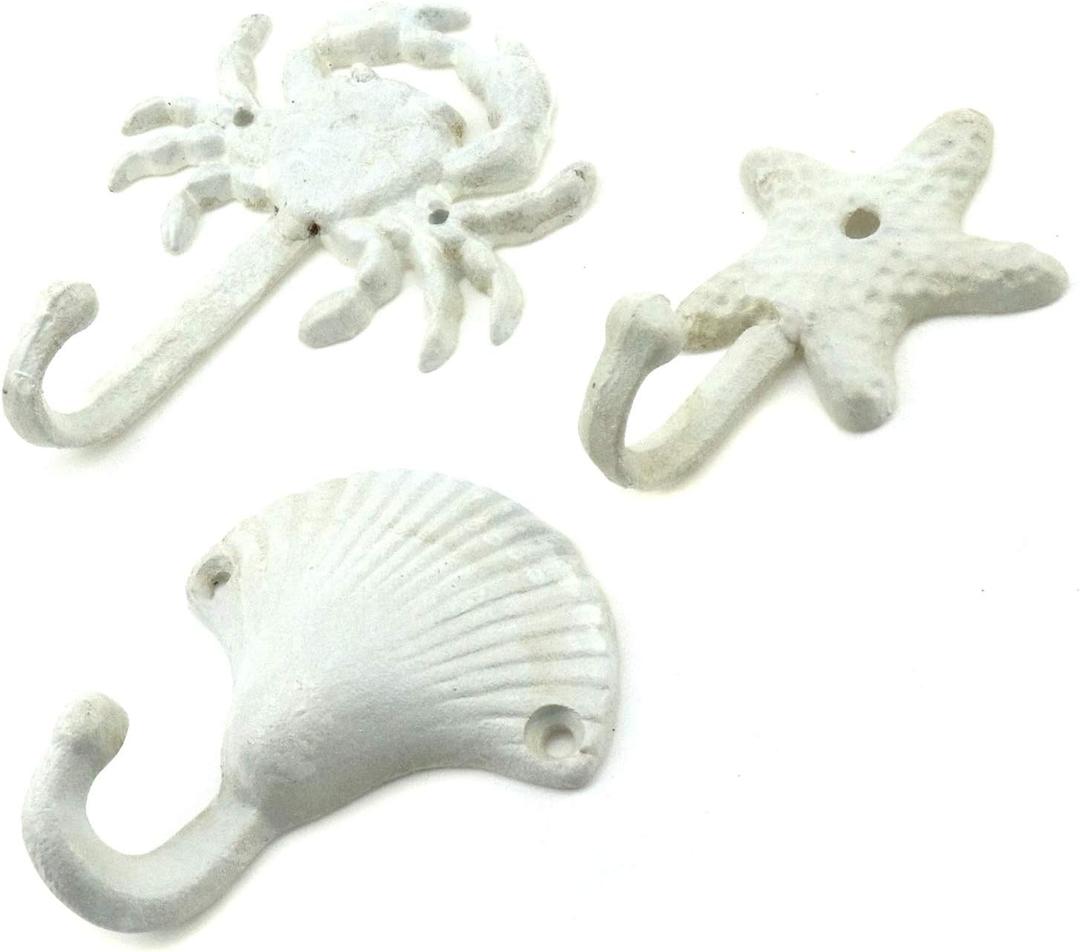 MY MIRONEY 3-Piece Starfish Seashell Crab Coats Hooks White Beach Ocean Theme Decorative Wall Hooks with Screws