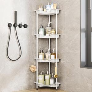 SWTYMIKI Corner Shower Caddy Standing - 4 Tier Floor Standing Shower Organizer with 4 Hooks, Plastic & Stainless Steel Waterproof Corner Stand Shower Shelf Storage Rack for Bathroom, Bathtub, White