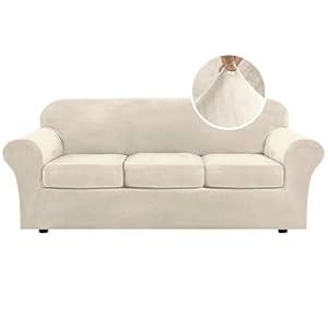 H.VERSAILTEX Modern Velvet Plush 4 Piece High Stretch Sofa Slipcover Furniture Protector Form Fit Luxury Thick Sofa Cover for 3 Cushion Couch, Machine Washable Width Up to 90 Inch(Sofa, Ivory)