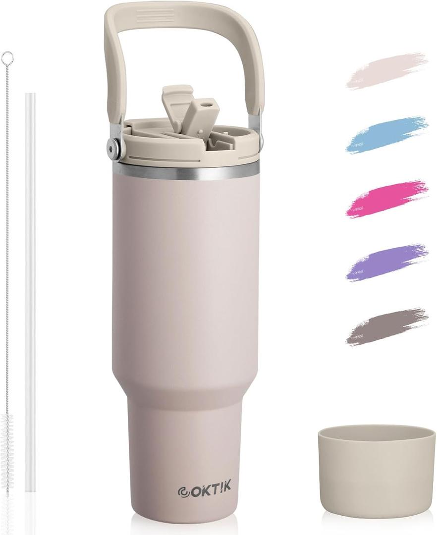 COKTIK 40 oz Tumbler with Handle and Straw, Double Insulated Tumblers with Flip Straw and Top Handle, Leakproof Tumbler, Stanley Cup, Insulated Water Bottle (Brown Metal)