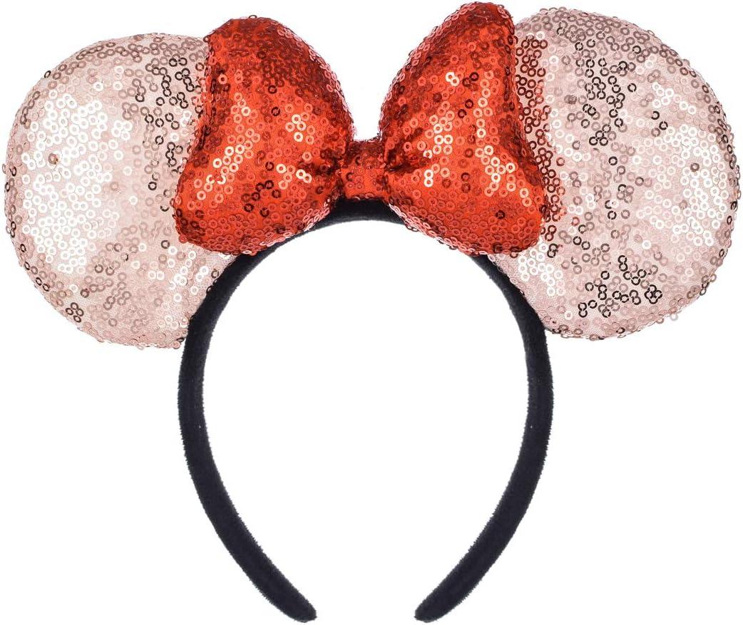 A Miaow 3D Black Mouse Sequin Ears Headband MM Glitter Butterfly Hair Clasp Park Supply Adults Women Girls Photo Accessory (Champagne and Red)