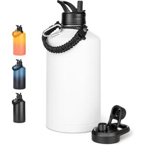 Fijinhom Gallon Water Bottle with 2 Lids (Straw & Spout), 304 Stainless Steel Water Jug with Handle and Wide Mouth, 1 Gallon Vacuum Double Walled Jug for Sports, Outdoors, Leak-Proof, White 128 oz