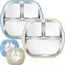 2 x BUSOHA 2 Pack Stainless Steel Kids Plate with Suction - 9.4"X 8.6" Divided Toddler Baby Plates with Silicone Sleeves 2-in-1 Non-Slip Anti Breakage Metal Toddler Bowls (Blue + Beige)