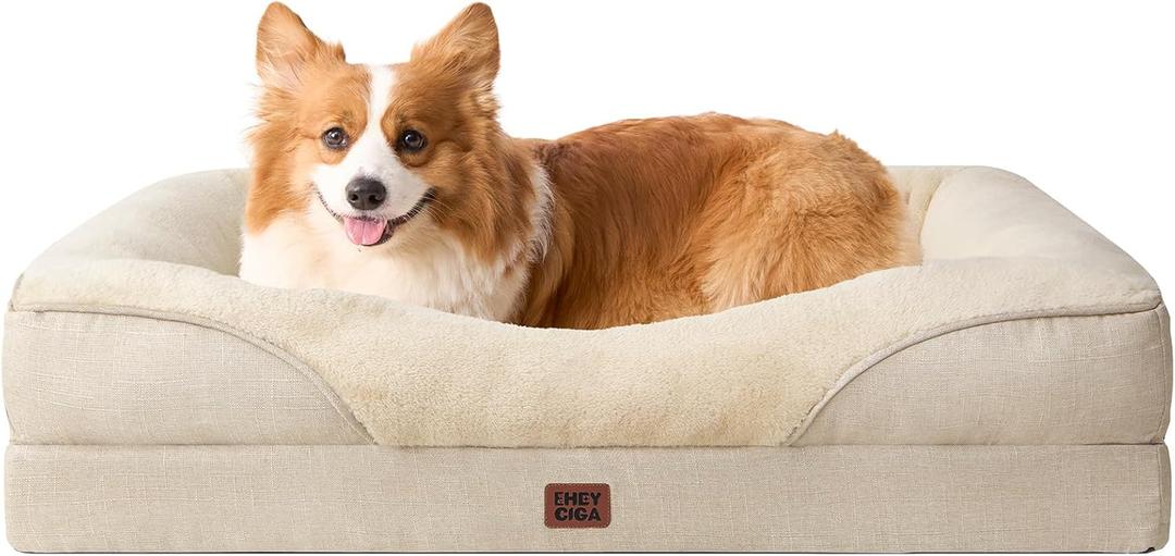 EHEYCIGA Orthopedic Dog Bed for Medium Dog, 35x22x6.5 Inch Memory Foam Dog Couch Bed with Sides, Waterproof Liner & Washable Removable Cover, Bolster Pet Sofa, Beige