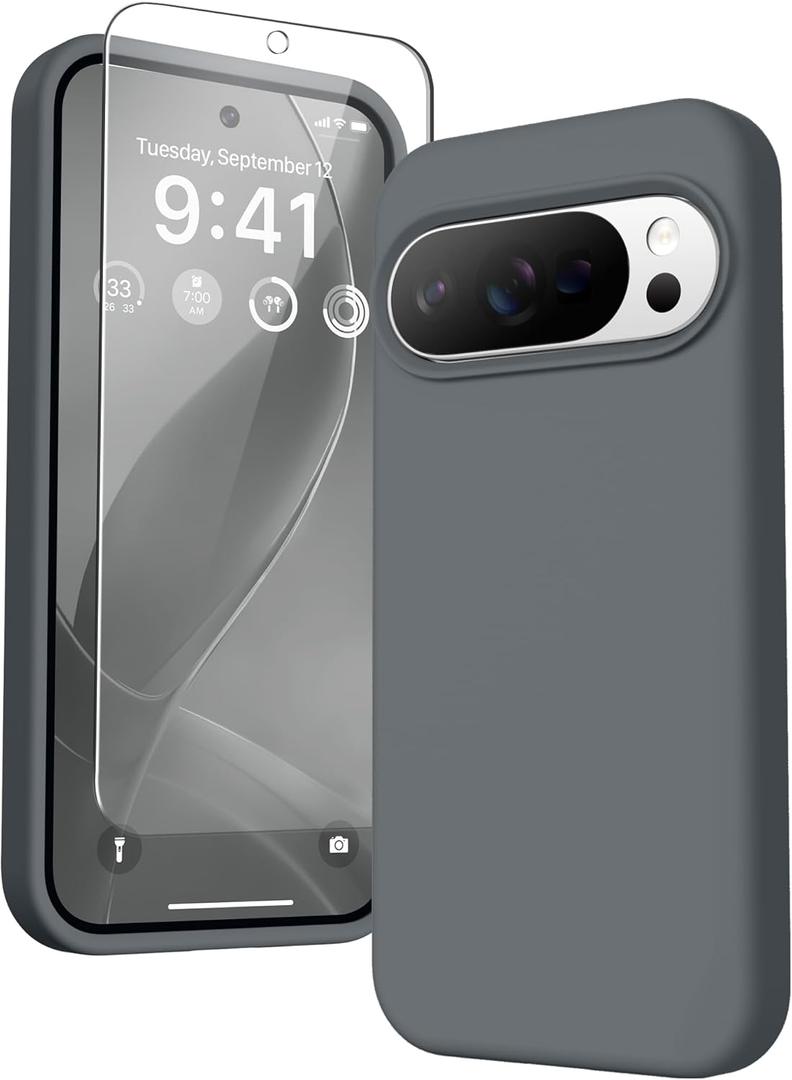 GONEZ for Google Pixel 10/Pixel 10 Pro Case, Liquid Silicone Case with Screen Protector, Full Body Protective Cover, Anti-Scratch Soft Microfiber Lining, Shockproof Phone Cover 6.3", Dark Grey