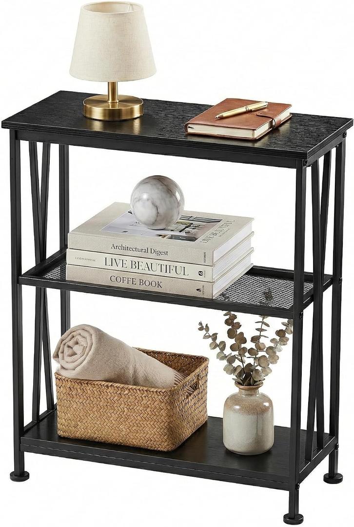 Narrow Side Table,20" Long End Table with 3 Tier Storage Shelves, Small Hallway Table, Industrial Accent Skiny Slim Couch Beside Table for Narrow and Small Spaces, Black, 20*9*24inches/51*23*61cm