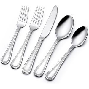 60-Piece Silverware Set for 12, Stainless Steel Flatware, Mirror Polished Cutlery Set, Utensils Include Spoons, Forks, Knives for Home, Restaurant, Beaded Handle, Dishwasher Safe