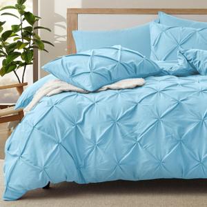 VACVELT 5 Piece Pinch Pleated Duvet Cover King Size Set, Light Blue Pintuck Duvet Cover with Zipper & 8 Ties, Shabby Chic Microfiber Duvet Cover + 2 Pillow Shams + 2 Pillowcases, No Comforter