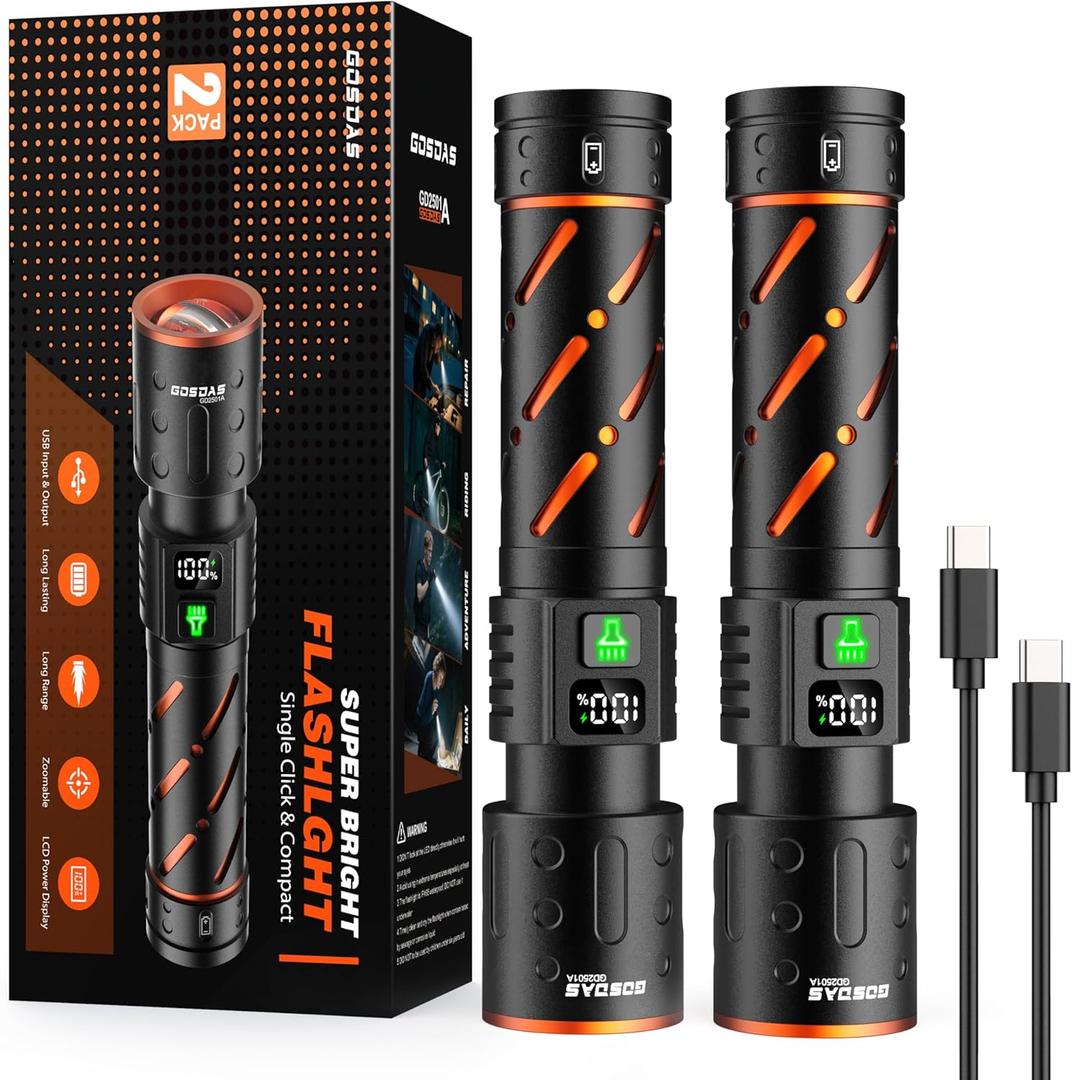 Rechargeable Flashlights High Lumens 100000 2 Pack, Super Bright 30W LED, Long Lasting 12H, Single Click 3 Modes, Multifunctional USB C Input Output LCD Power Display, for Camping Hiking Home