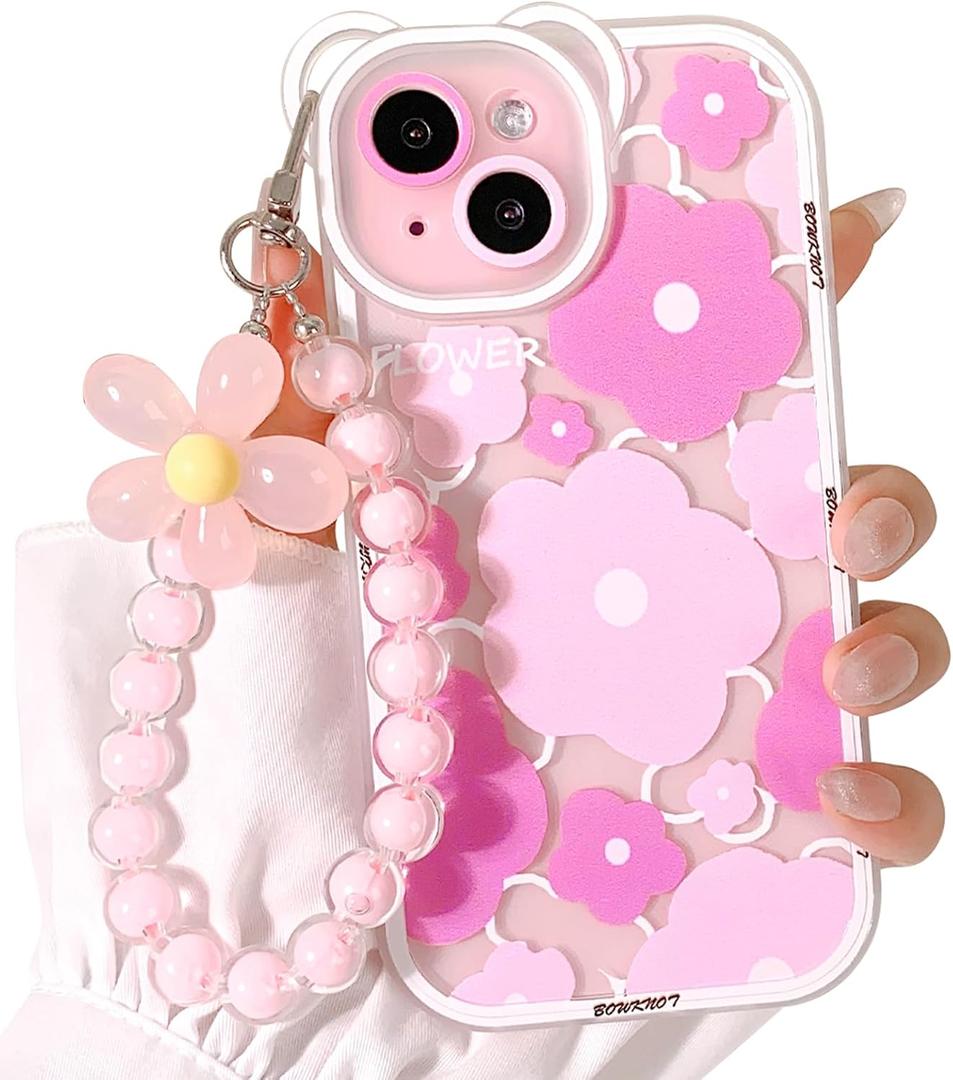 NITITOP Compatible for iPhone 15 Case Clear Cute Flower Floral Bear for Girls Women Pattern with Chain Lanyard Wrist Strap Soft TPU Shockproof Protective Girly for iPhone 15-Bear Pink