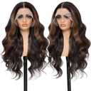Highlight Brown Mix Black 13x6 100% Futura Premium HD Lace Body Wave Synthetic Lace Front Wigs Pre Plucked Wigs For Women 28 Inch Ready Wear Wig Beginner Friendly Daily Party Use