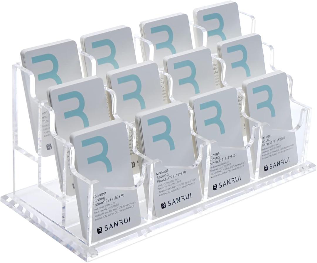 SANRUI Vertical Business Card Holder - Acrylic Clear Desktop Display Stand for Office, Home & Exhibition - Sleek Design, Durable, Easy Access,Professional Card Storage, 12 Slots