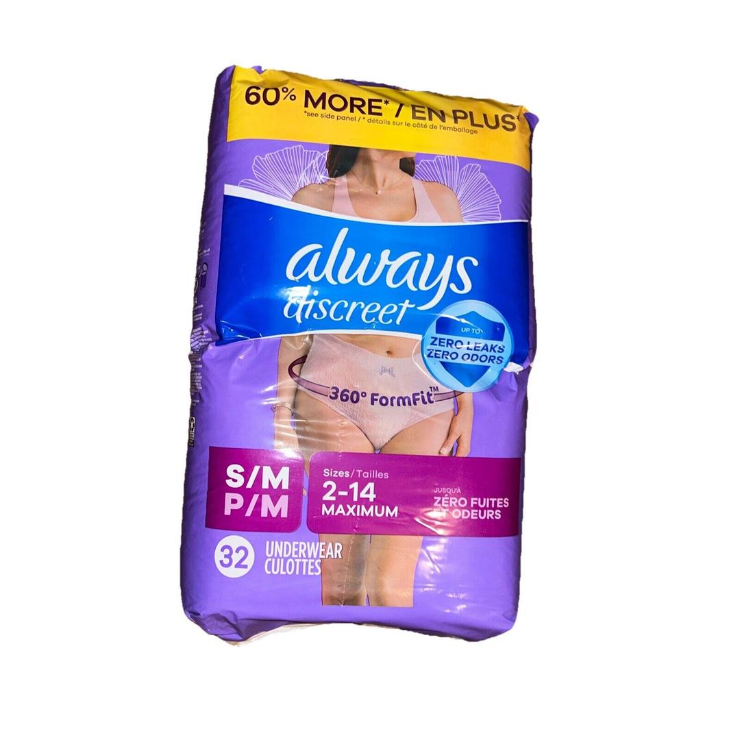 Always Discreet, Incontinence & Postpartum Underwear for Women, S/M, 2-14 MAXIMUM, 32Count