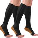 2 Pairs Copper Zipper Compression Socks 15-20mmgh-Calf Knee High Open Toe Support Stocking Compression Stocking (XX-Large, 01-copper Black)