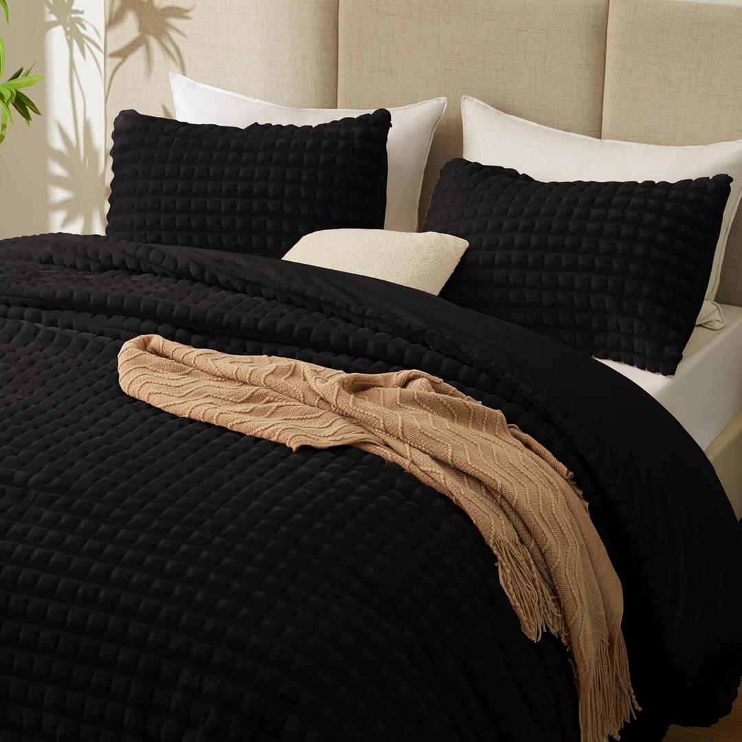 EXQ Home Fluffy Comforter Set King Size - Super Soft Faux Fur 3D Grid Jacquard Comforter 3 Pieces, Black Fleece Bedding Set,Winter Warm Bed Set,1 Comforter with 2 Pillowcases