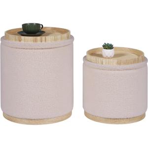 PINPLUS Round Ottoman with Storage Set of 2, Vanity Stool with Storage, Small Ottoman with Tray Teddy Velvet Foot Rest Stool for Bedroom, Living Room, Dorm (Beige), Small + Large