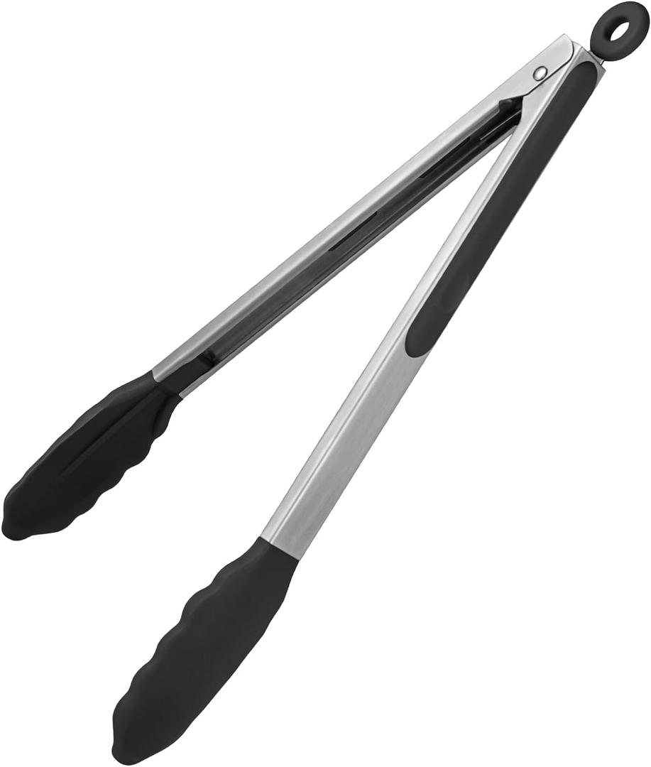 600F Heat Resistant Kitchen Tongs: U-Taste 12 inch Large Silicone Cooking Tong with Sturdy Non Stick Rubber Tips & Silicon Coated 18/8 Stainless Steel Handle & Smooth Locking for Serving Grill(Black)