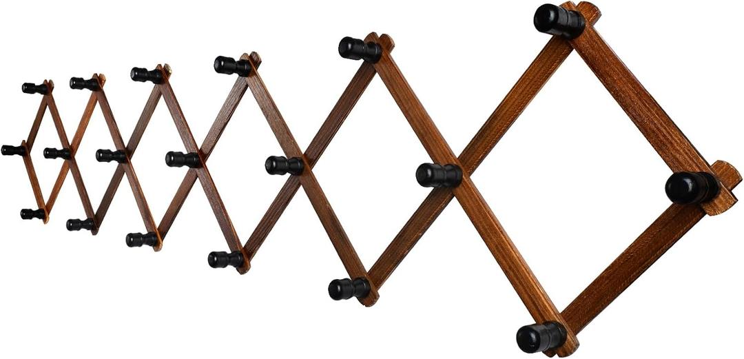 Accordion Wall Hanger, Wood Expandable Wall Mounted Hanger with 19 Hooks for Coats,Hats,Coffee Mug Ect,19Pegs, Walnut Color,Retro Style,14Inch
