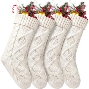 Fesciory 4 Pack Christmas Stockings 18 Inches Large Size Cable Knitted Stocking Gifts & Decorations for Family Holiday Xmas Party, Ivory White