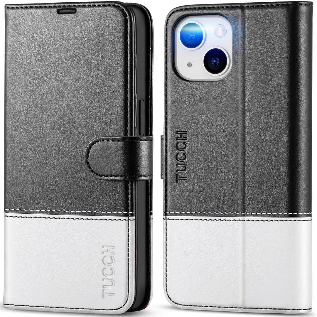 TUCCH Wallet Case for iPhone 14, [RFID Blocking] [4 Card Slots] TPU Interior Protective Case, Magnetic Folio Shockproof PU Leather Stand Flip Cover Compatible with iPhone 14 6.1 5G, Black & White