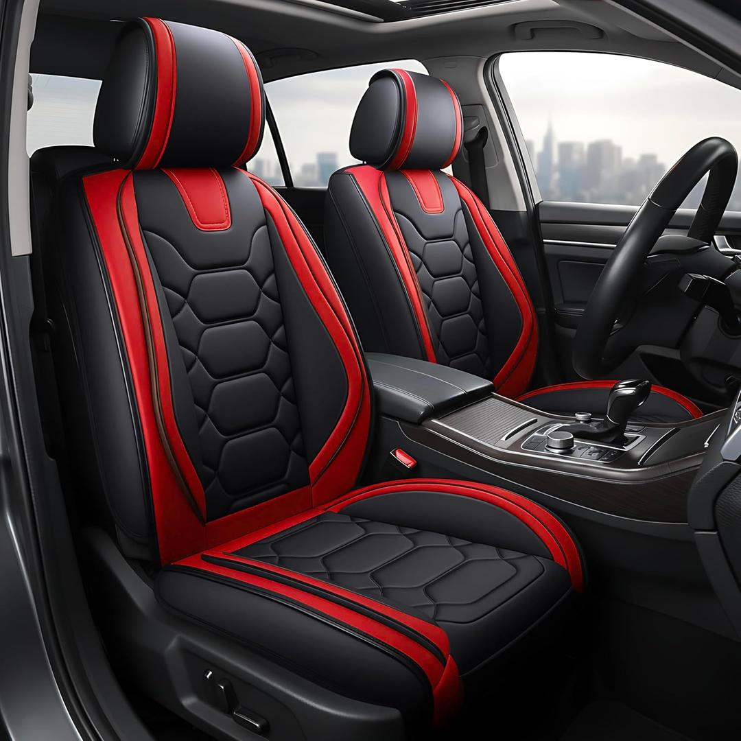 OASIS AUTO Car Seat Covers Front Seats, Waterproof Faux Leather Seat Covers for Cars Universal Fit for SUV, Truck, Sedan, Black Premium Car Seat Protector with Cushions