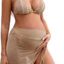Verdusa Women's 3 Piece Maternity Bikini Sets Tie Backless Triangle Top and Thongs with Wrap Beach Skirt Swimsuit (Khaki), S