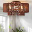 20" Wood Caged Ceiling Fans with Lights, Flush Mount Farmhouse Rustic Ceiling Fan with Light Remote Control, Low Profile with 6 Speeds for Bedroom,Nursery,Living Room