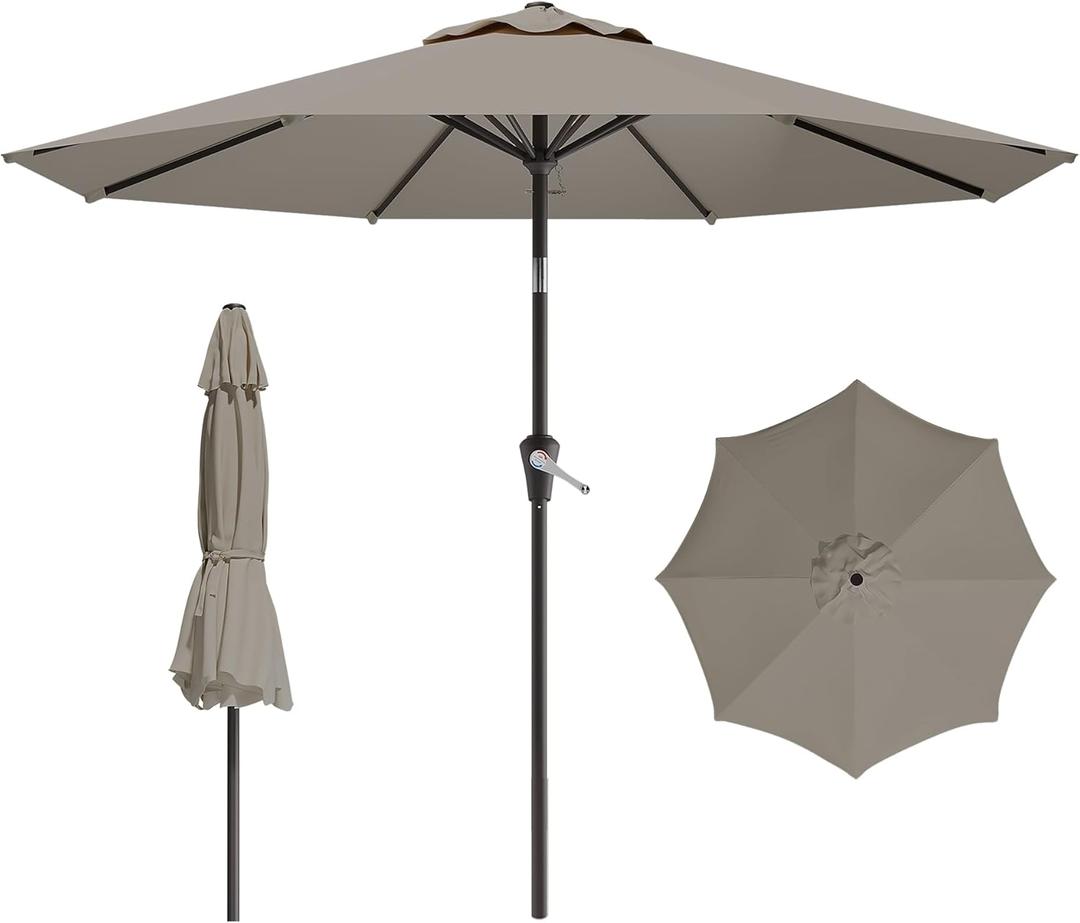 9 FT Patio Umbrella for Outdoor, Outdoor Umbrella with Push Button Tilt and Crank, Outdoor Patio Umbrellas with 8 Sturdy Ribs for Market, Garden, Deck, Backyard, Pool (Light Gray)