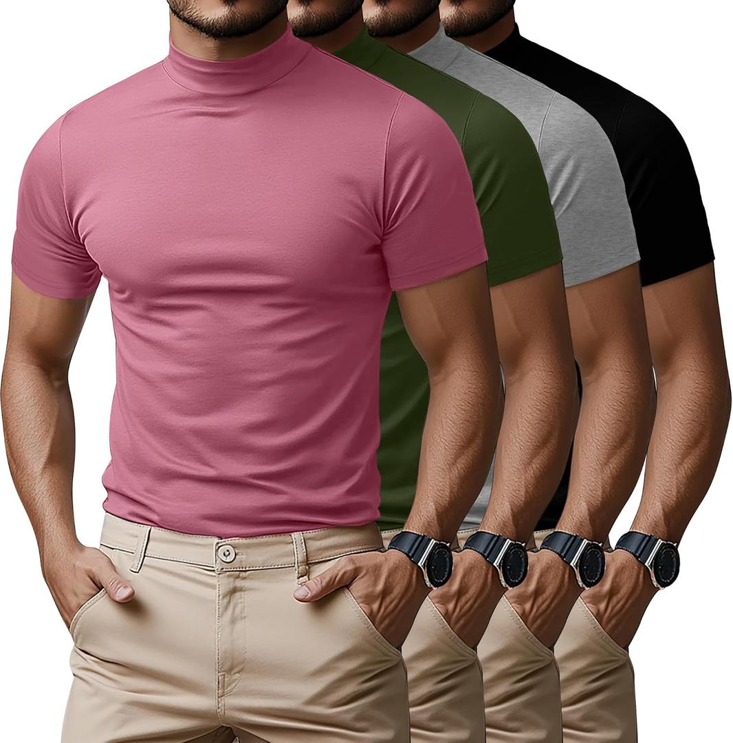 Ficerd 4 Pack Men's Mock Neck T Shirts, Short Sleeve Mock Turtleneck Undershirt Pullover Basic Tops Causal Solid Tee for Men (L)