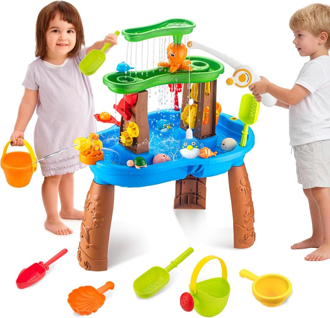 Water Table for Toddlers 3-5 Outdoor Toys for Kids Ages 4-8 3-Tier Kids Sand Water Tables with Fishing Game Set Activity Sensory Table Summer Gift Beach Outside Toys for Toddler Boys