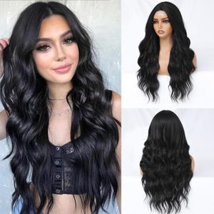 Black Wig for Women Long Wavy Black Wig Middle Part 26 Inch Wigs Heat Resistant Synthetic Wig for Daily Use
