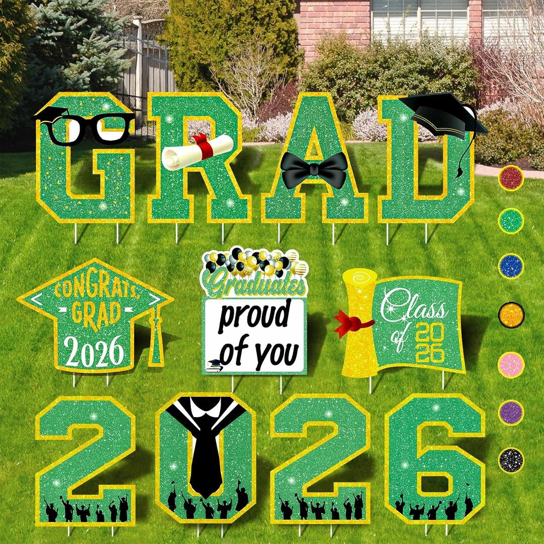 Graduation Decorations 2026 Green and Gold, 11 Pcs Graduation Yard Signs Class of 2026, 15" Large Shimmering Grad Signs for Lawn Garden Pathway, High School College Grad Party Decor Outdoor