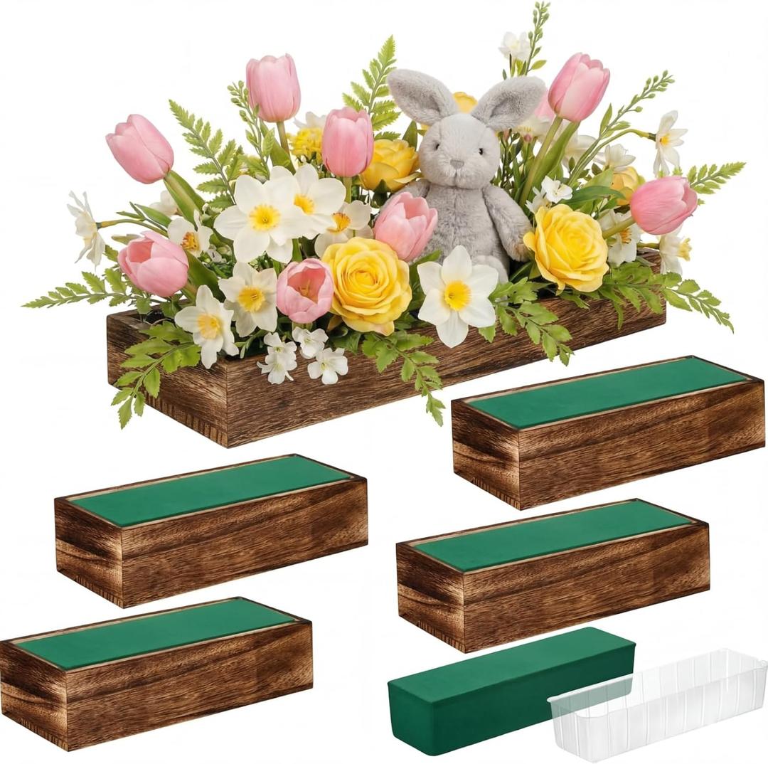 Dandat 5 Set Wood Boxes for Centerpieces 12x4 Inch Rectangle Wooden Planter Box Rustic Wood Planter with Removable Plastic Liner Floral Foam Blocks for Centerpieces Home Wedding Garden Decor