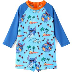 Disney Marvel Stitch Cars Spiderman Mickey Mouse Baby Boy Swimsuit Infant Toddler Bathing Suit UPF 50+ Zipper Long Sleeves (Blue)