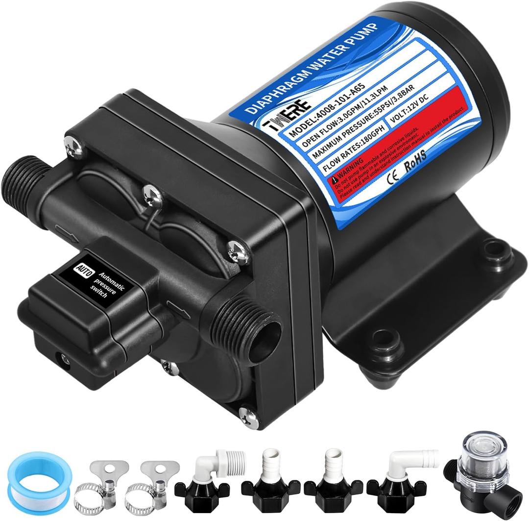 4008-101-A65/E65 RV Water Pump with Strainer,12V 55 PSI 3.0 GPM Camper Water Pump-1/2MNPT Connection, Fit for Camper, RV, Shower, Sprayer | Self Priming | On Demand Diaphragm | Quiet Operation-Black