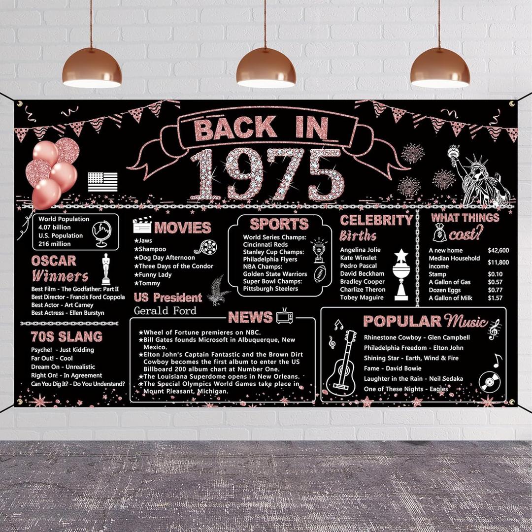 DARUNAXY 50th Birthday Rose Gold Party Decoration, Back in 1975 Banner for Women 50 Years Old Birthday Photography Background Vintage 1975 Poster Backdrop for Girls 50th Class Reunion Party Supplies